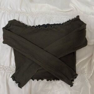 Off-Shoulder Ribbed Crop Top in Olive